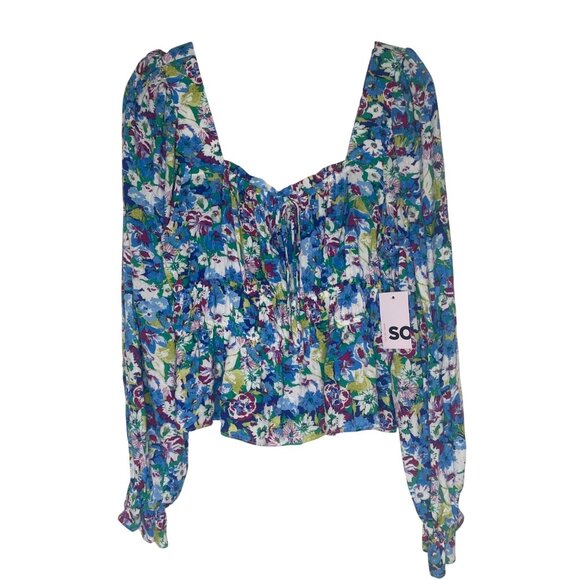 So Good For Life Top XL Blue‎ Floral Long Sleeve Square Neck Peplum Babydoll NEW - Picture 1 of 13